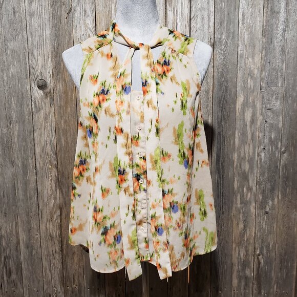 Halogen M Top Blouse Tan Beige Floral Sleeveless Tie Neck Button Front Women's - Picture 1 of 6